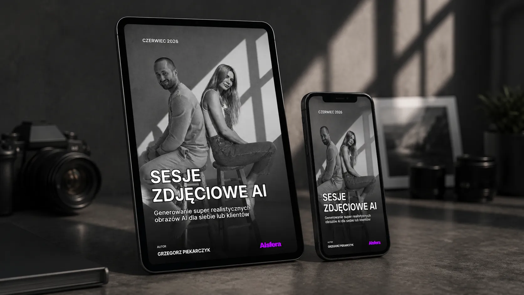 E-book Sesje zdjęciowe AI - wyrenderowany mockup okładki